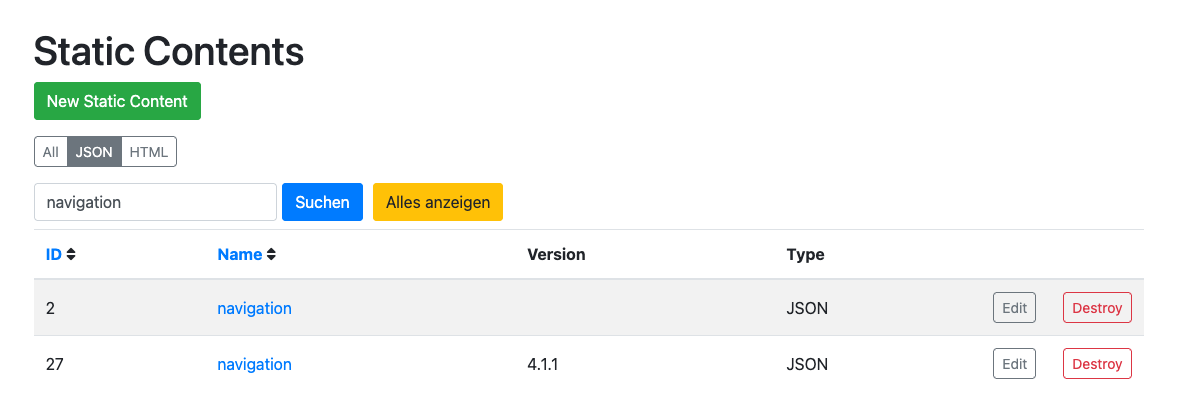 Static Content namens navigation