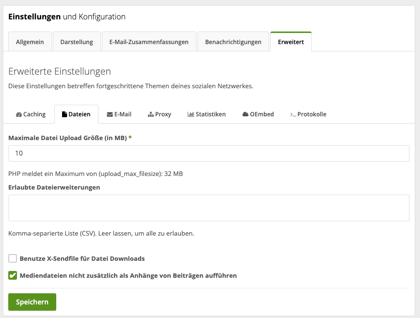 HumHub Einstellungen Dateiuploads