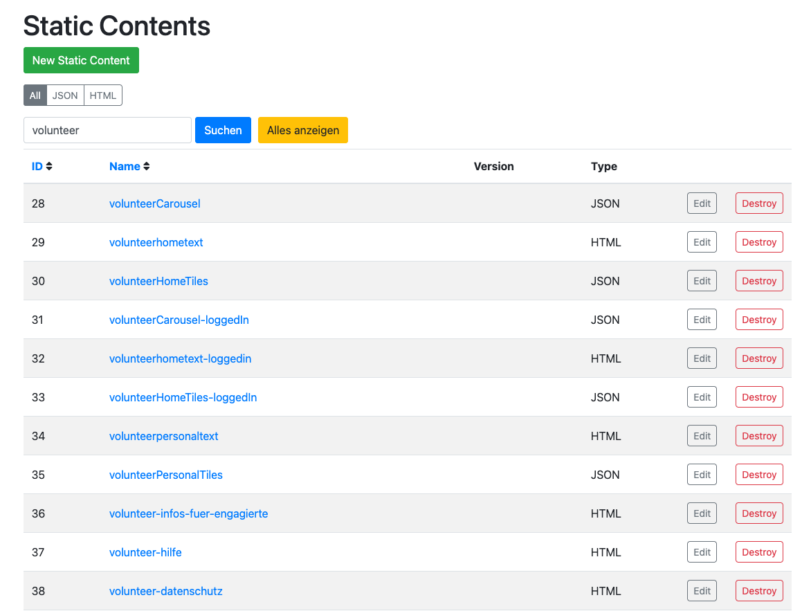 Übersicht Static Contents
