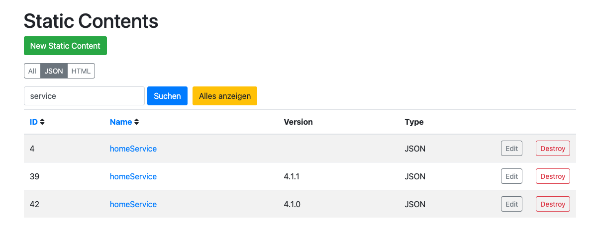 Static Content namens homeService